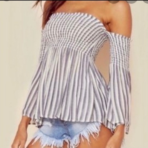 Blue Life Tops - Blue Life Blue/White Straps Bell Sleeves Top